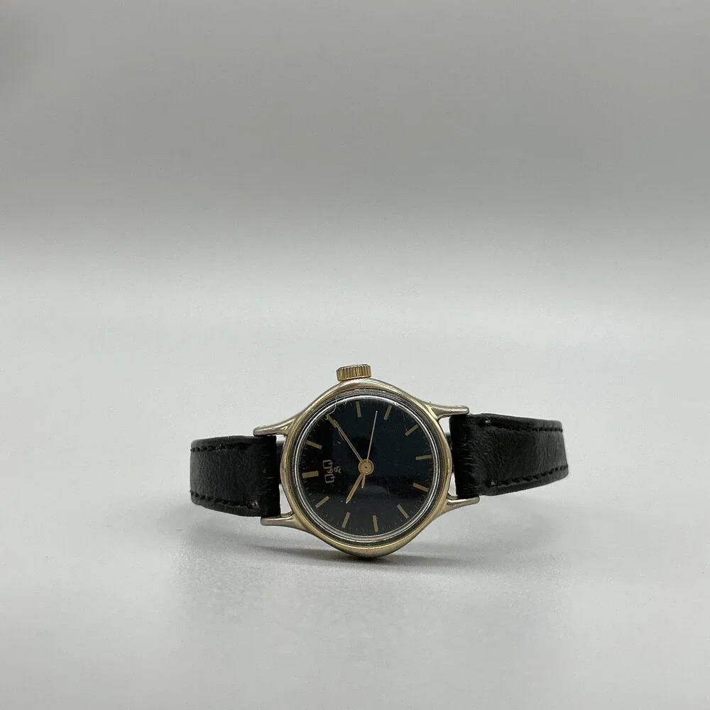Vintage Q&Q Womens Watch 22mm Black Dial Gold Tone Manual Wind Leather Strap
